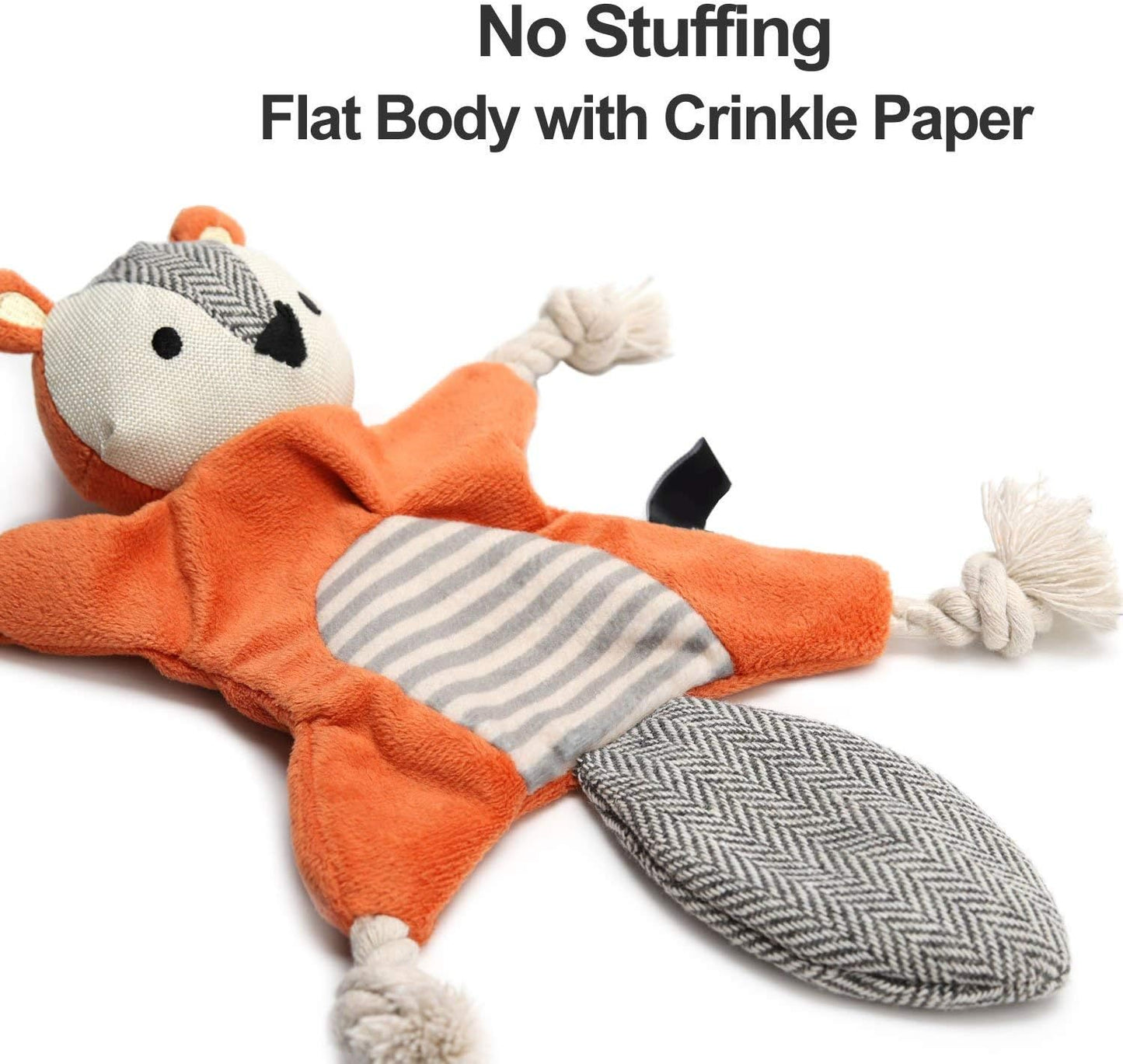 Squirrel Plush Toy, Stuffless Dog Chew Toy with Rope Knots, Crinkle Squeaky Toy for Small Dogs